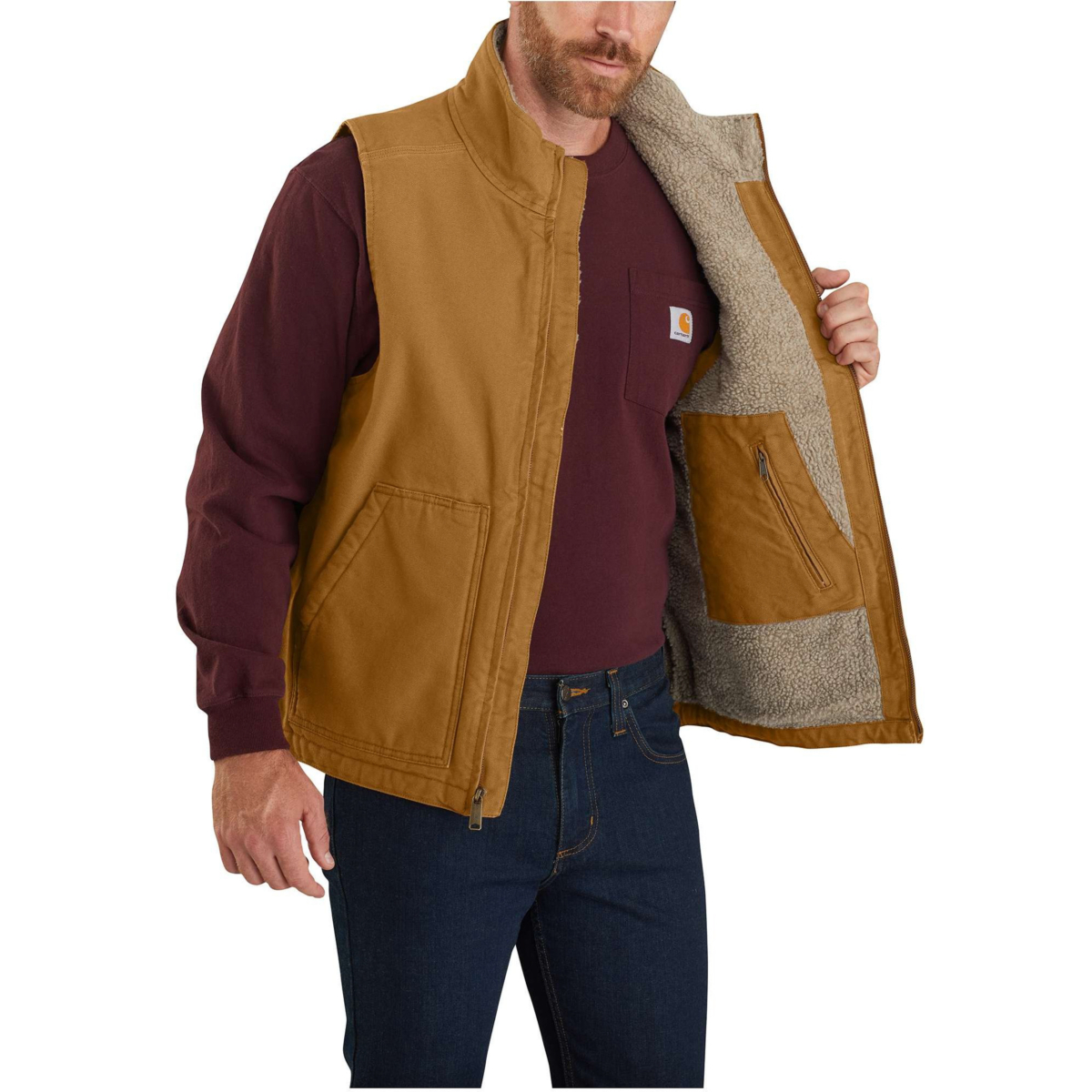 Loose fit washed duck sherpa-lined mock-neck vest