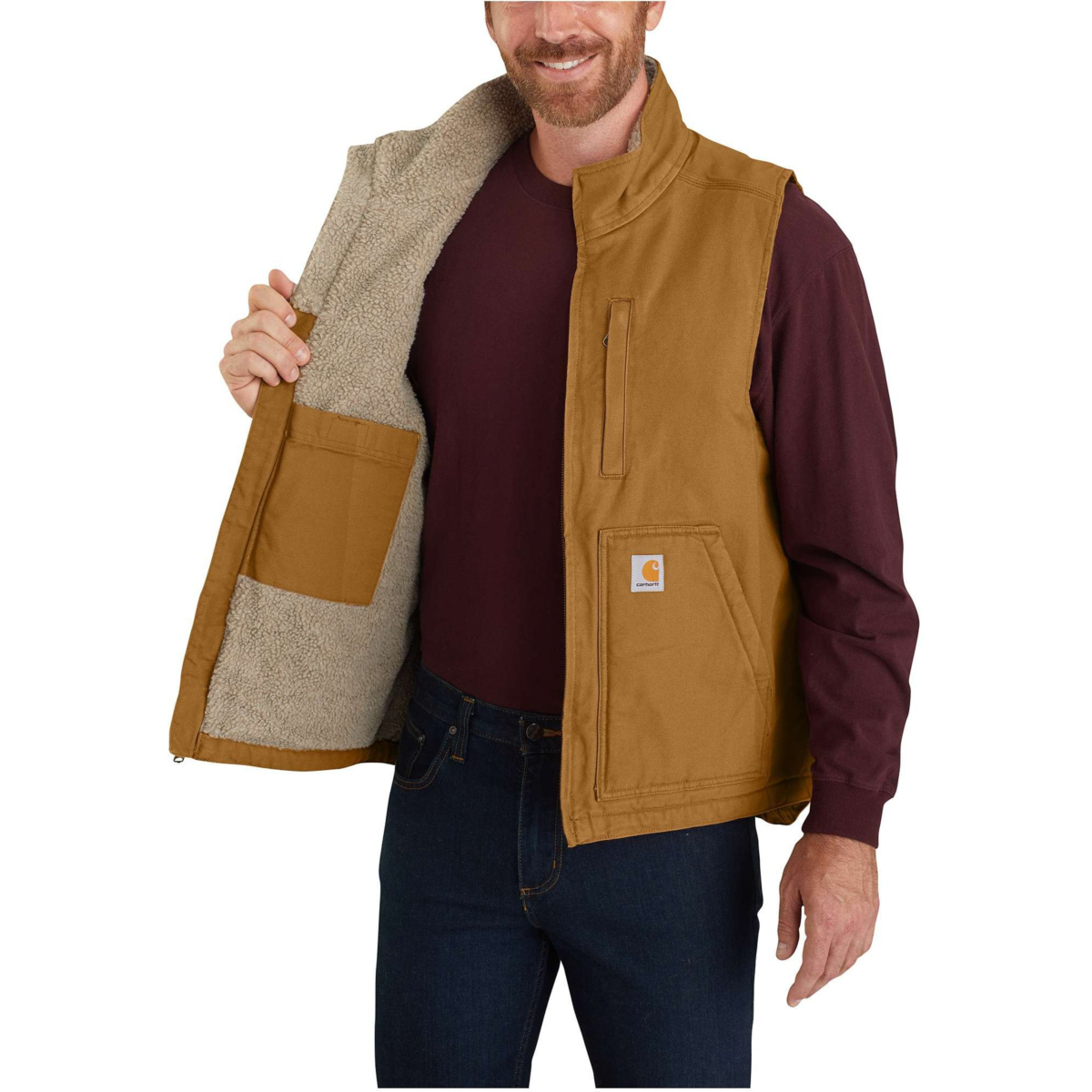 Loose fit washed duck sherpa-lined mock-neck vest