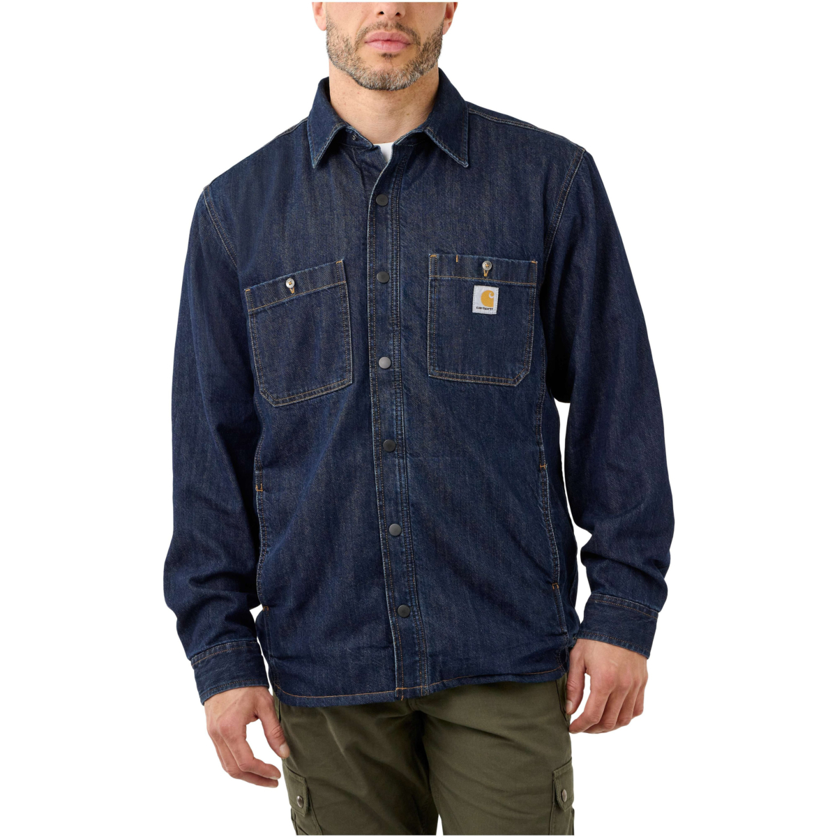 Relaxed fit denim fleece lined snap-front shirt