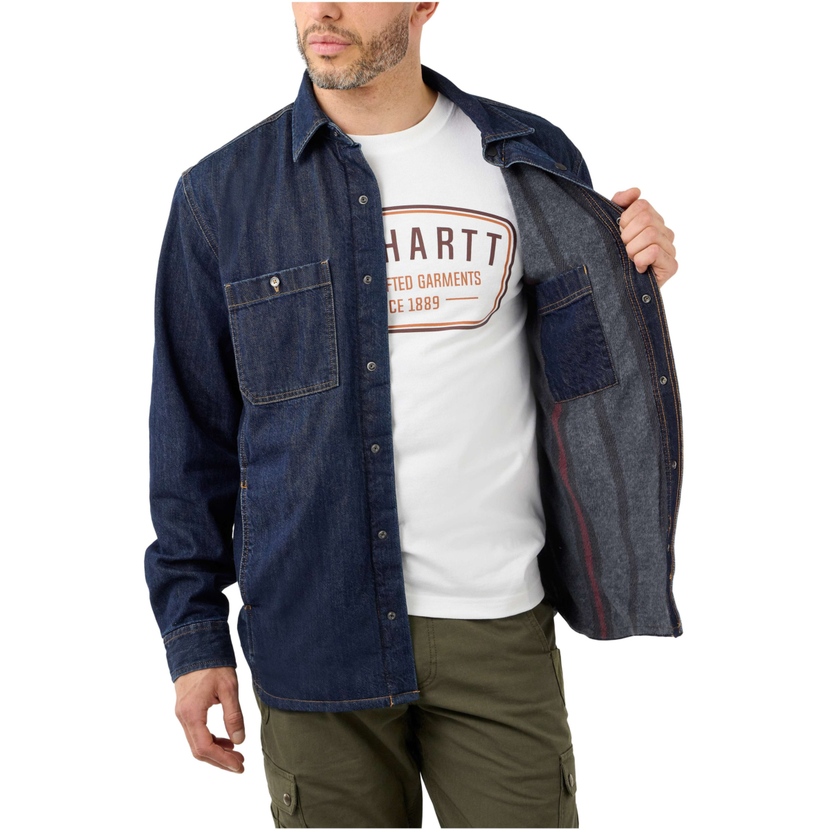 Relaxed fit denim fleece lined snap-front shirt