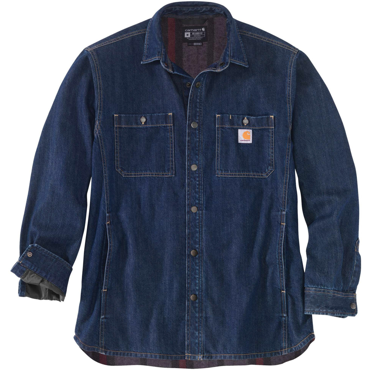 Relaxed fit denim fleece lined snap-front shirt
