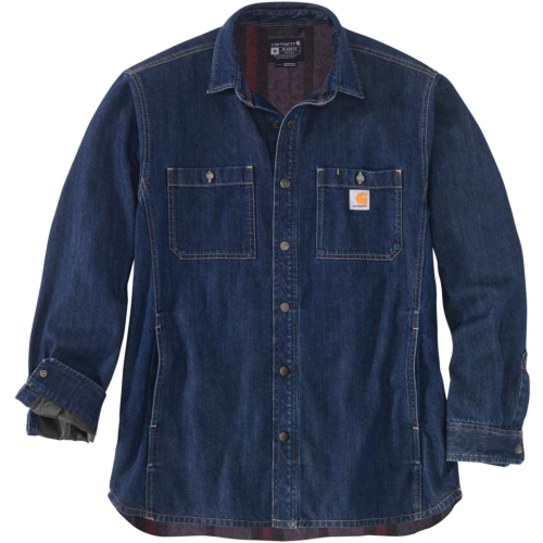 Relaxed fit denim fleece lined snap-front shirt